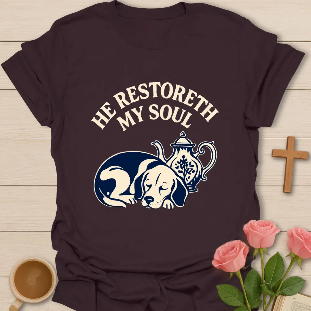 Restoreth My Soul Pup shirt with cute dog, cross, and cream vintage lettering. - Dark Chocolate