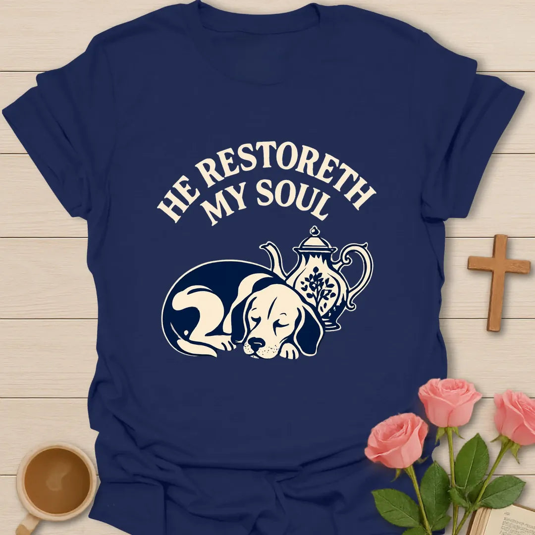 Restoreth My Soul Pup shirt with cute dog, cross, and cream vintage lettering. - Navy
