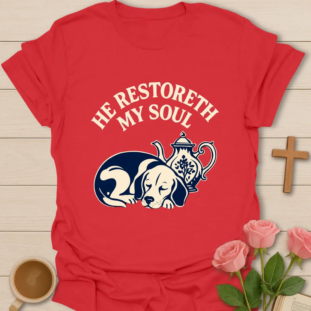 Restoreth My Soul Pup shirt with cute dog, cross, and cream vintage lettering. - Red