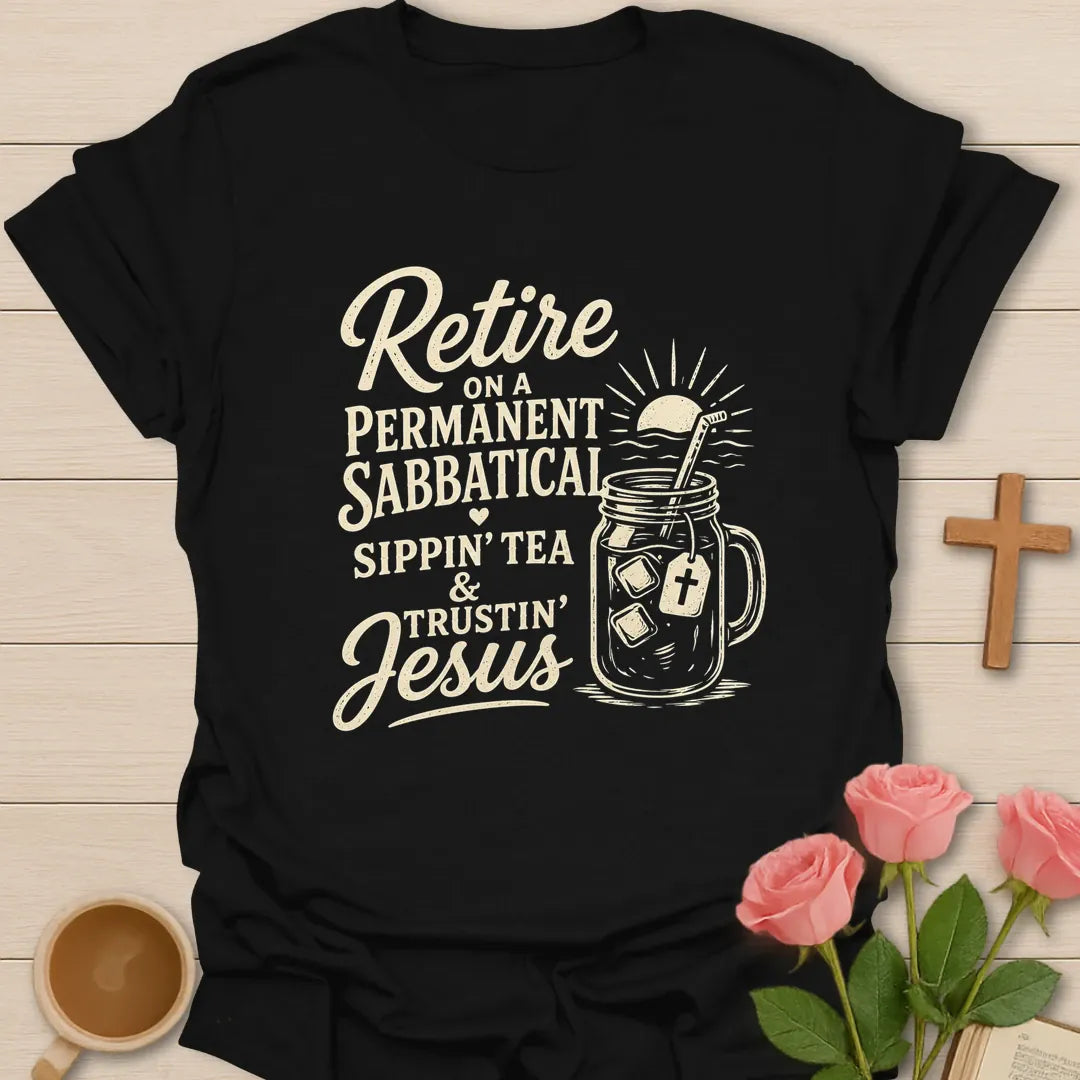 Retired Sippin and Trustin shirt with teacup, cross, and cream vintage lettering. - Black