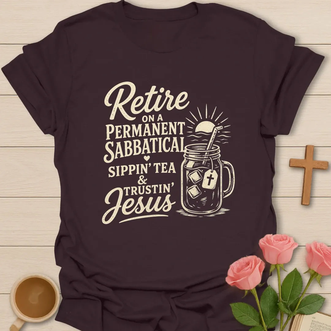 Retired Sippin and Trustin shirt with teacup, cross, and cream vintage lettering. - Dark Chocolate