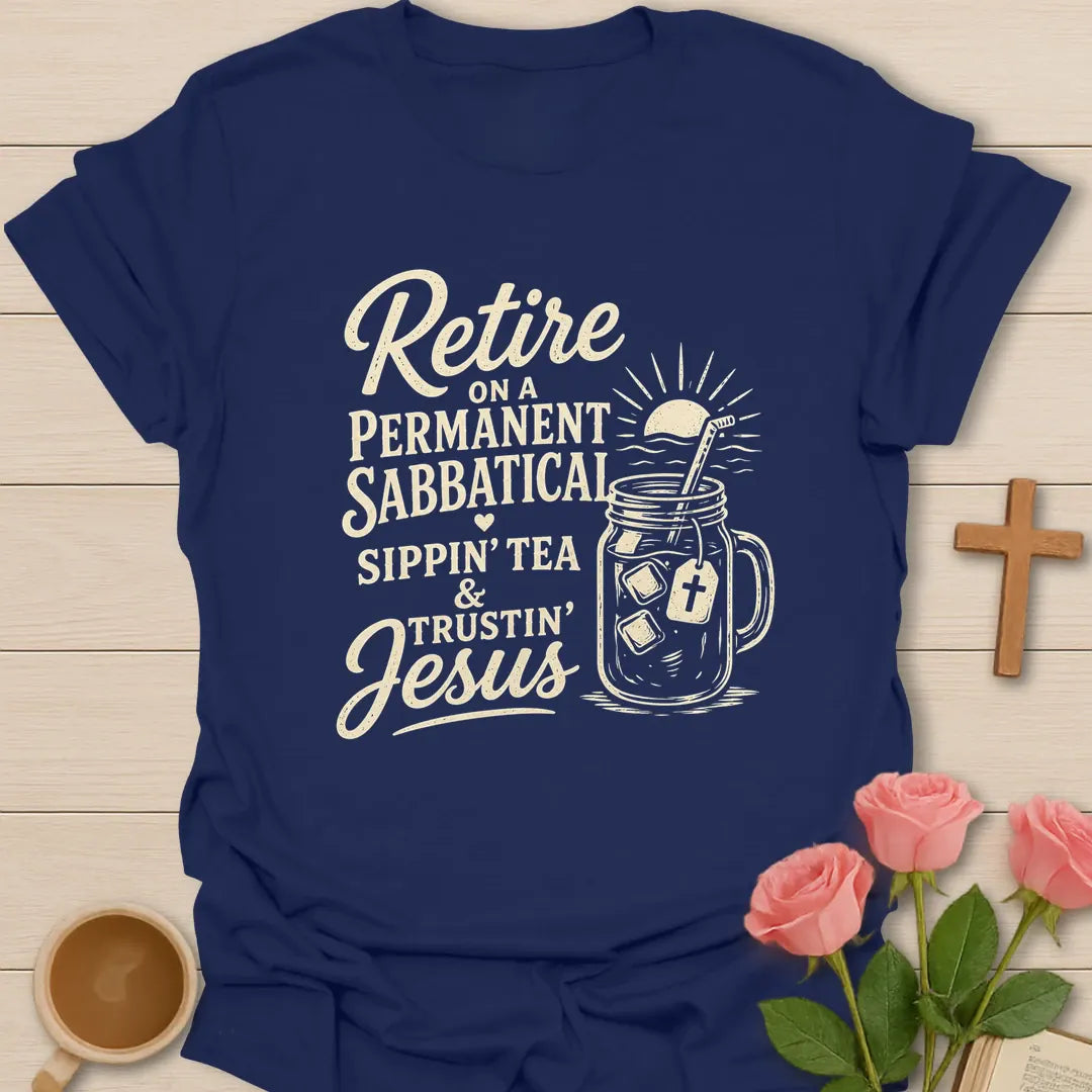 Retired Sippin and Trustin shirt with teacup, cross, and cream vintage lettering. - Navy