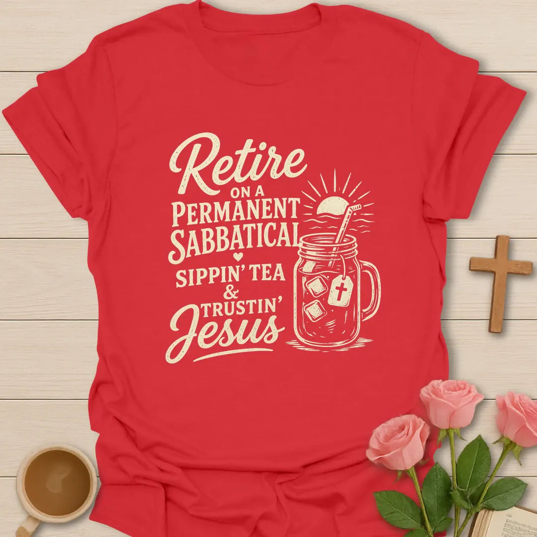 Retired Sippin and Trustin shirt with teacup, cross, and cream vintage lettering. - Red