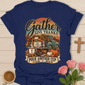 Retro Gather Give Thanks shirt with vintage-style lettering and a faith-inspired autumn design. - Navy