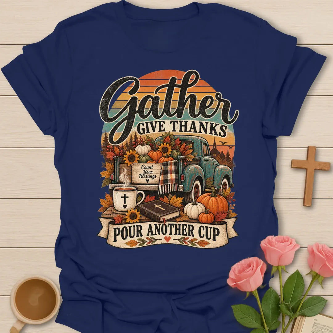 Retro Gather Give Thanks shirt with vintage-style lettering and a faith-inspired autumn design. - Navy