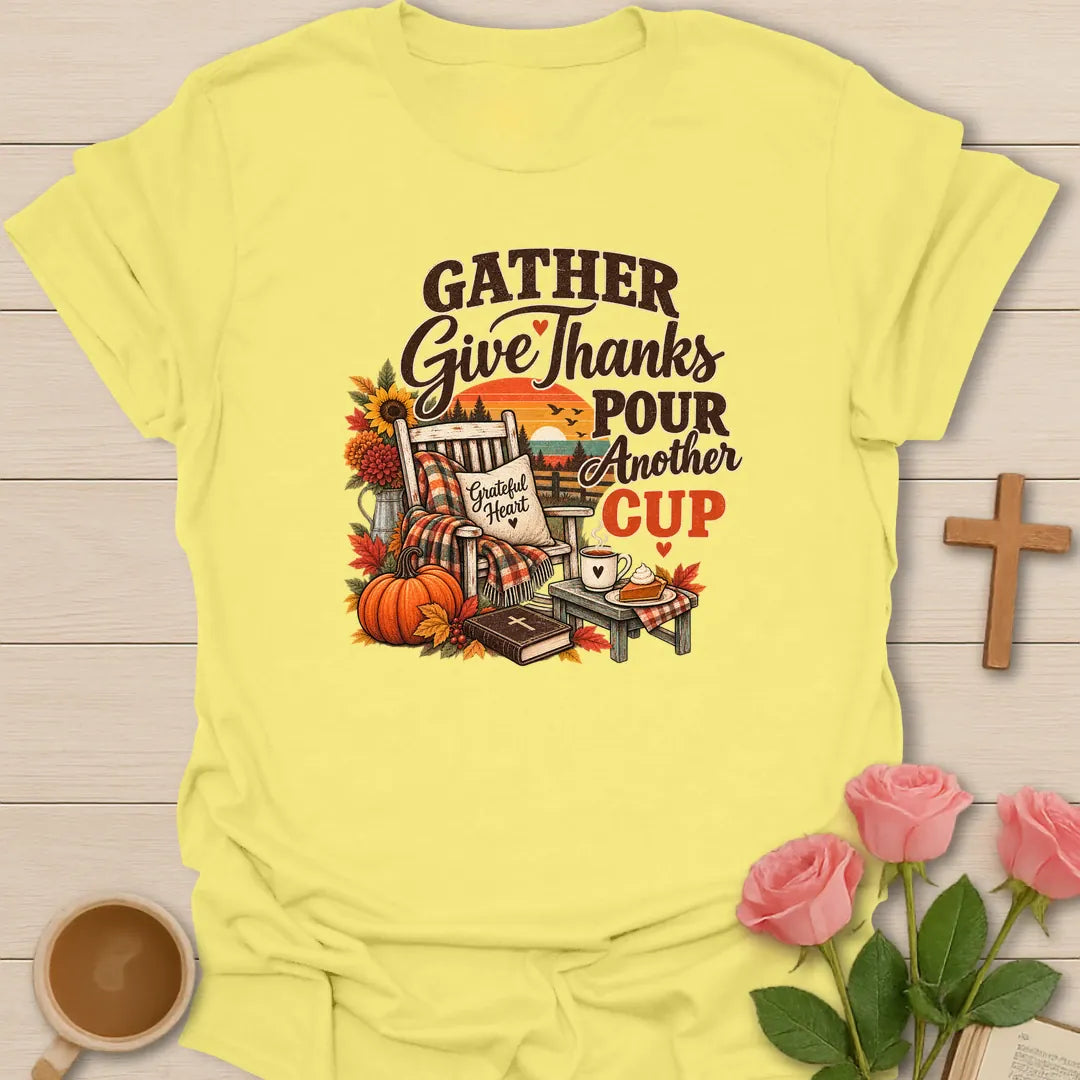 Retro Pour Another Cup shirt with vintage-style lettering and a faith-inspired tea design. - Cornsilk