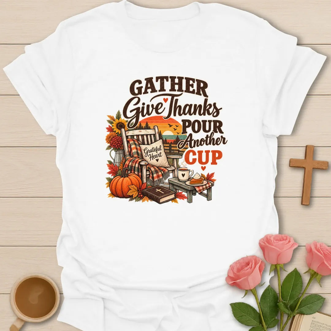 Retro Pour Another Cup shirt with vintage-style lettering and a faith-inspired tea design. - White