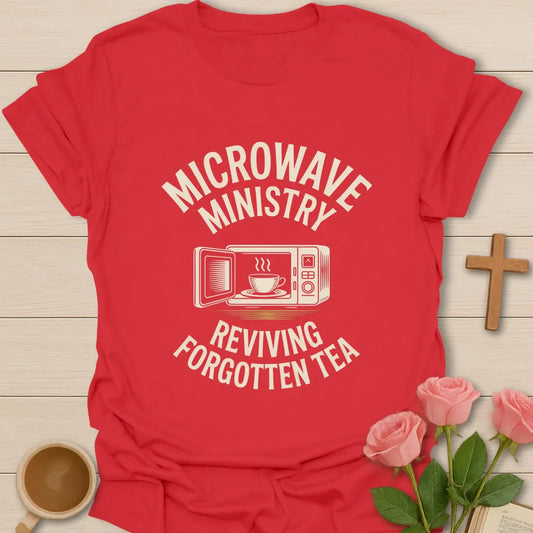 Reviving Forgotten Tea shirt with playful lettering and faith-inspired tea design. - Red
