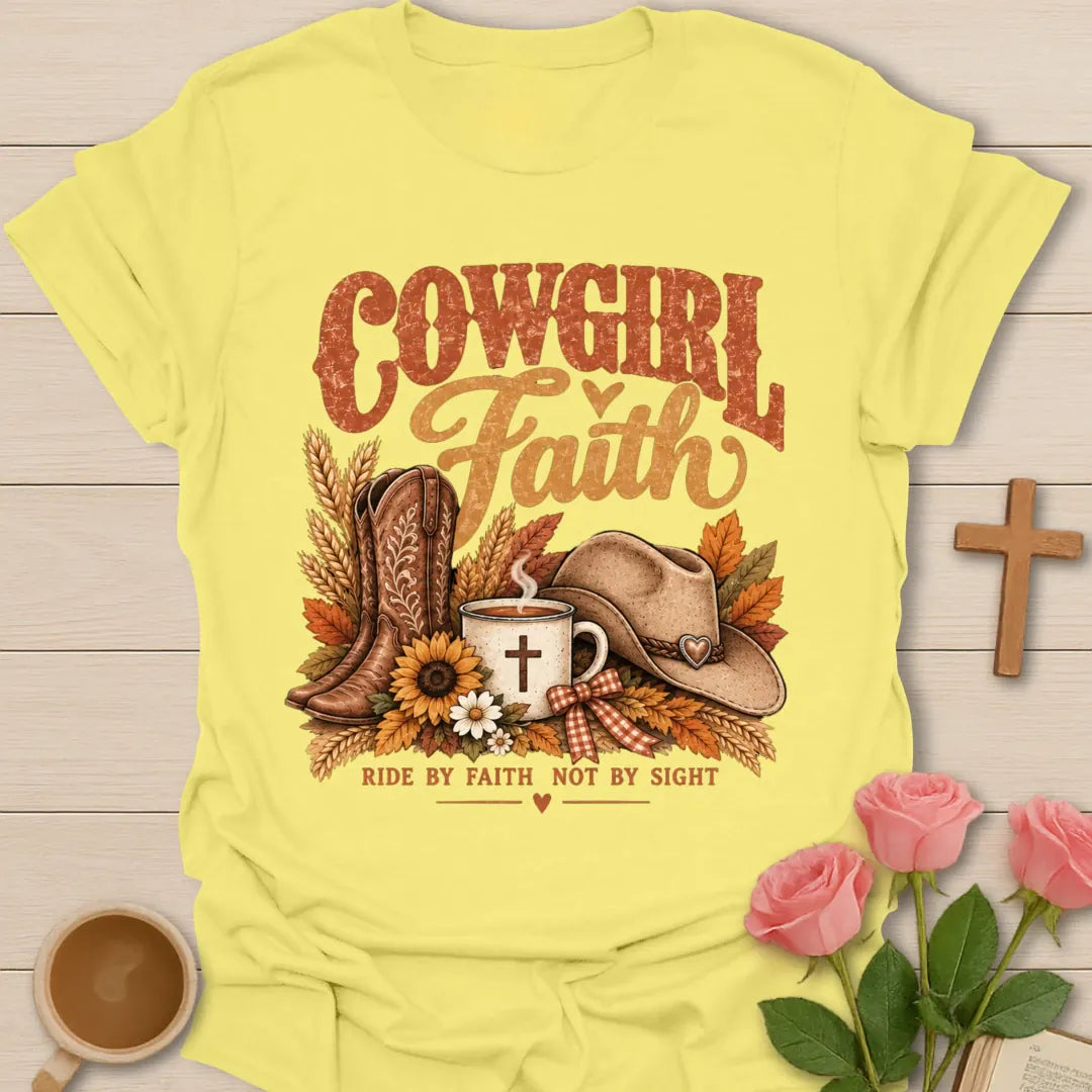 Ride By Faith Christian t-shirt with faith-inspired lettering and design - Cornsilk