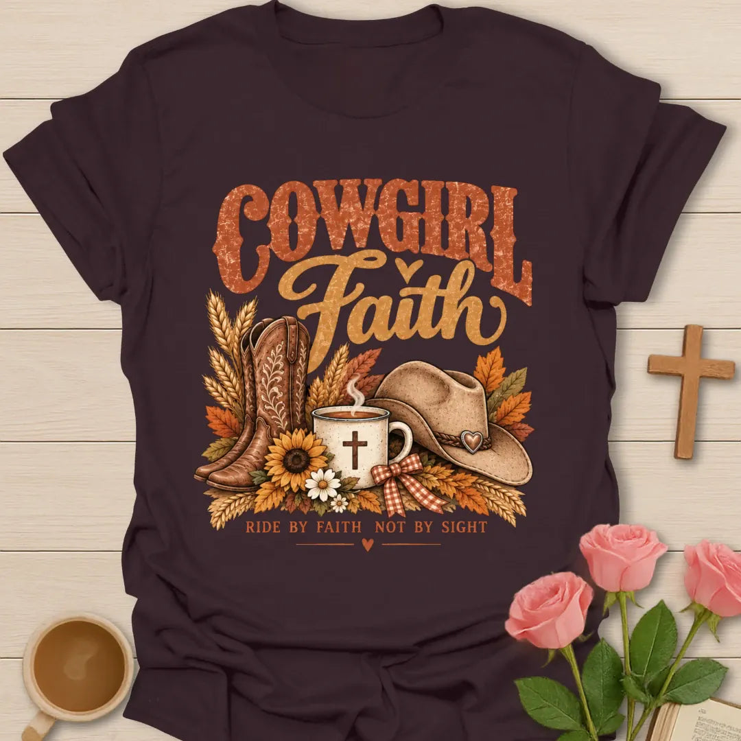 Ride By Faith Christian t-shirt with faith-inspired lettering and design - Dark Chocolate
