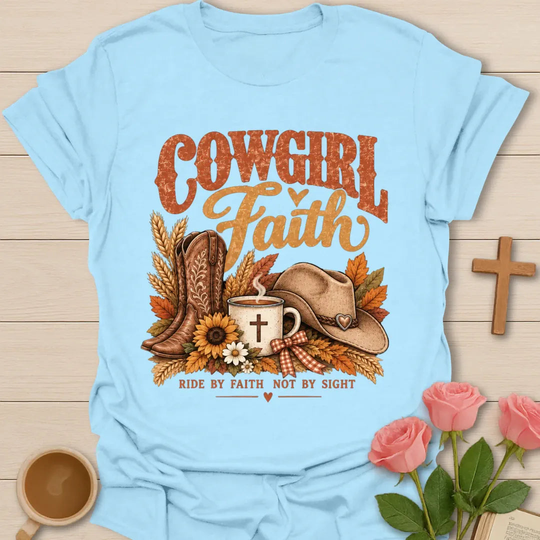 Ride By Faith Christian t-shirt with faith-inspired lettering and design - Light Blue