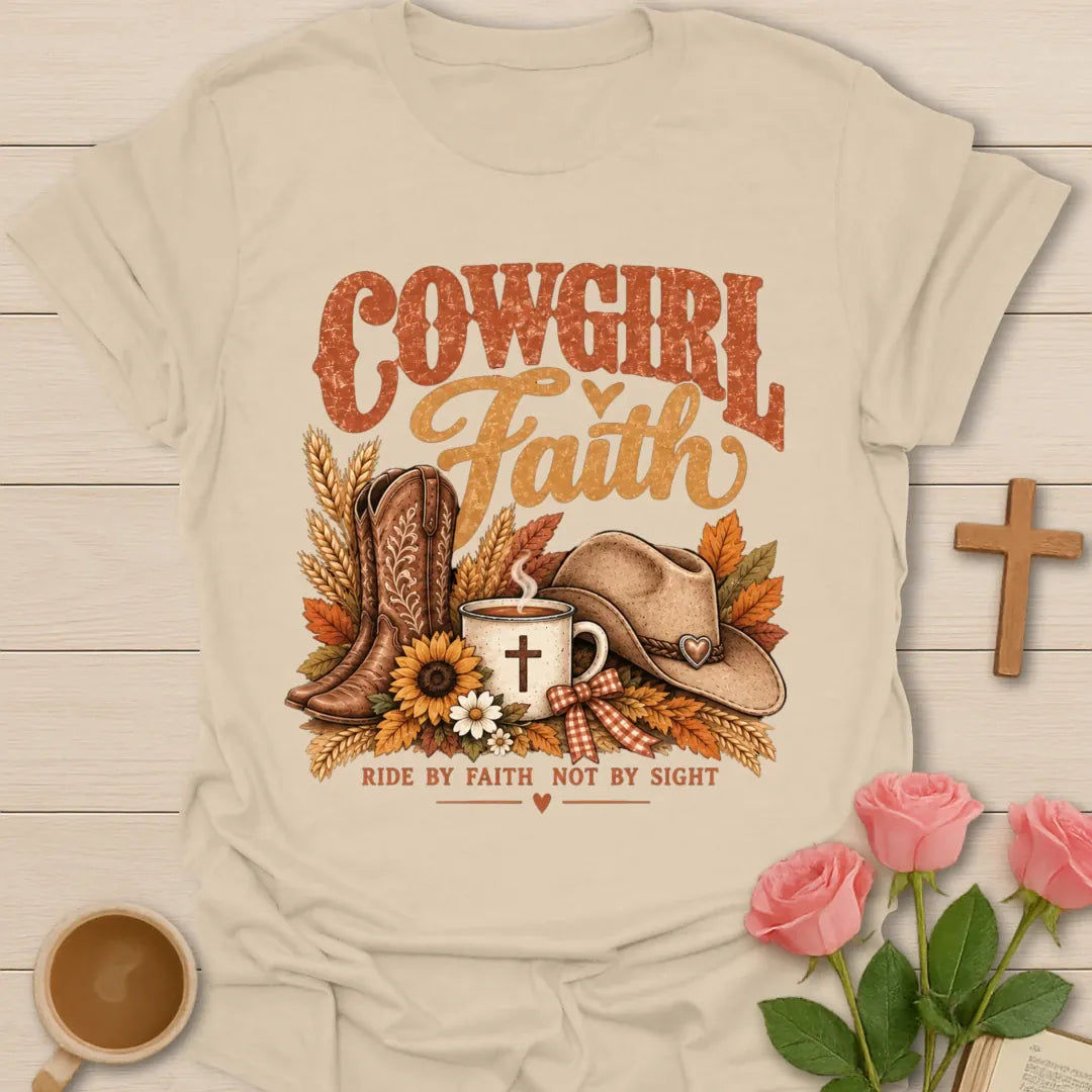 Ride By Faith Christian t-shirt with faith-inspired lettering and design - Sand