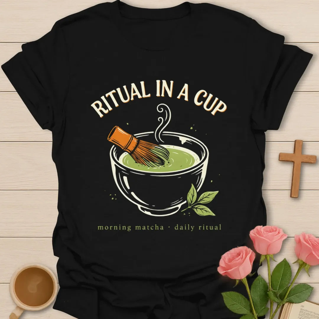 Ritual In A Cup matcha shirt with whisk, tea bowl, steam, and green tea leaves - Black