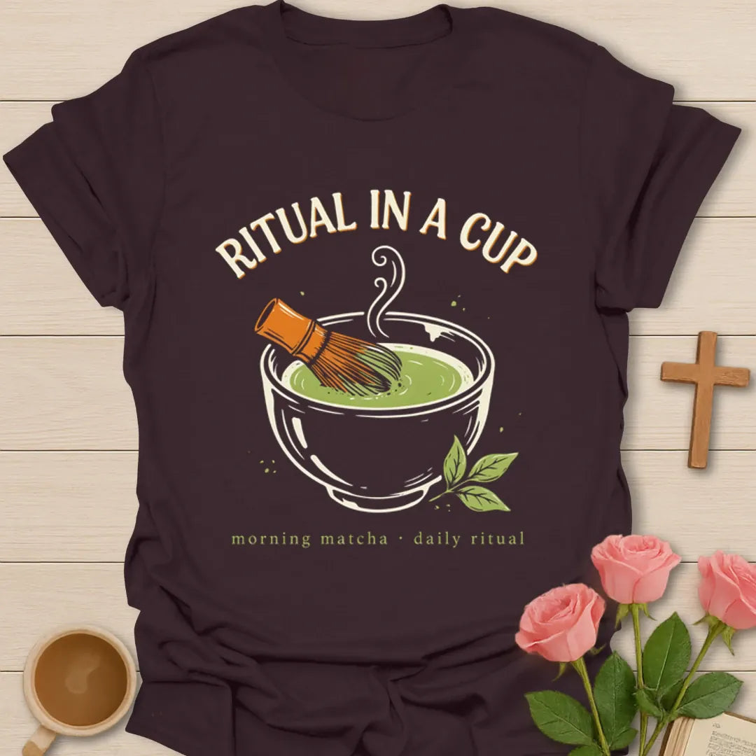 Ritual In A Cup matcha shirt with whisk, tea bowl, steam, and green tea leaves - Dark Chocolate