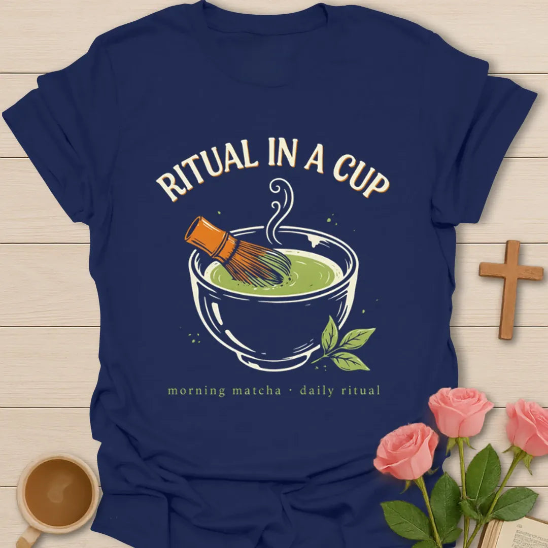 Ritual In A Cup matcha shirt with whisk, tea bowl, steam, and green tea leaves - Navy