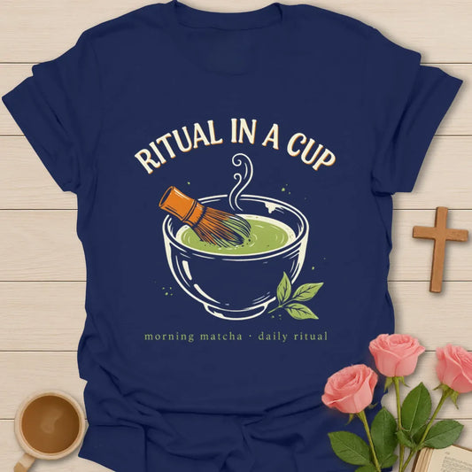 Ritual In A Cup matcha shirt with whisk, tea bowl, steam, and green tea leaves - Navy