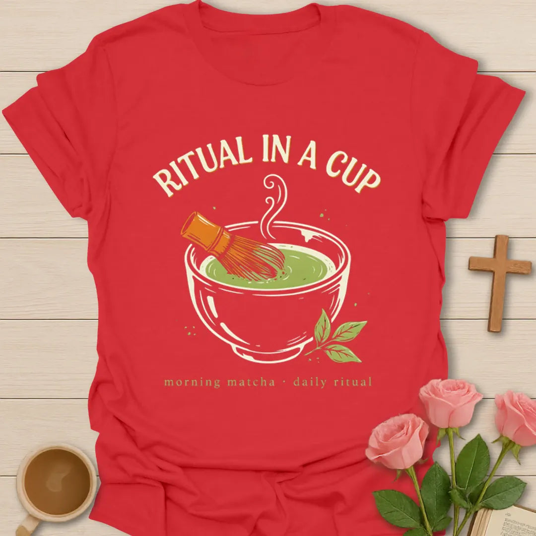 Ritual In A Cup matcha shirt with whisk, tea bowl, steam, and green tea leaves - Red