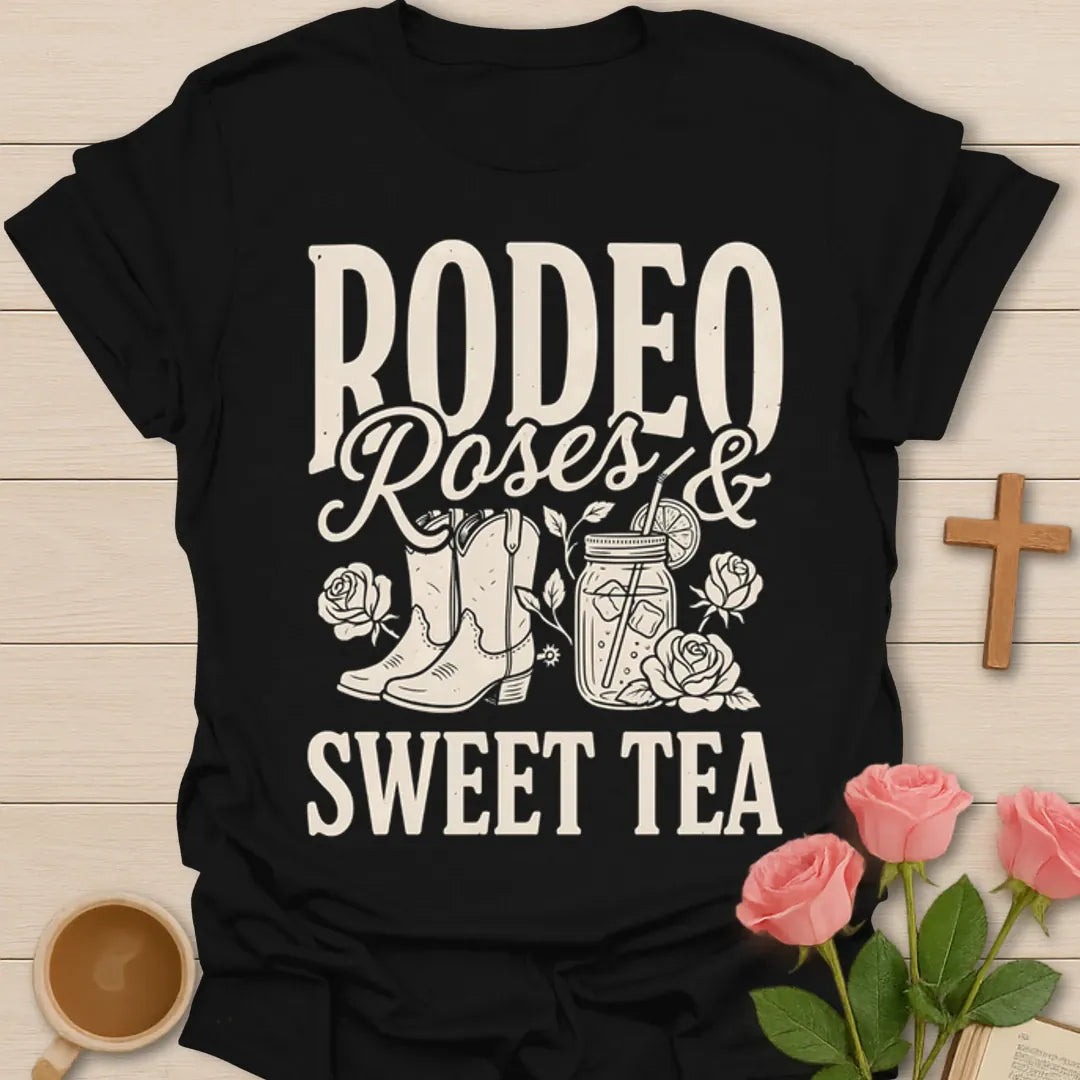Western sweet tea shirt with Rodeo Roses and Sweet Tea phrase, cowgirl boots, mason jar tea, and roses - Black