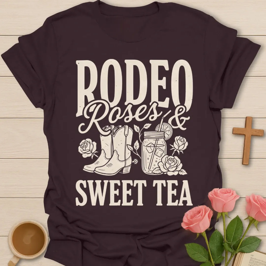 Western sweet tea shirt with Rodeo Roses and Sweet Tea phrase, cowgirl boots, mason jar tea, and roses - Dark Chocolate