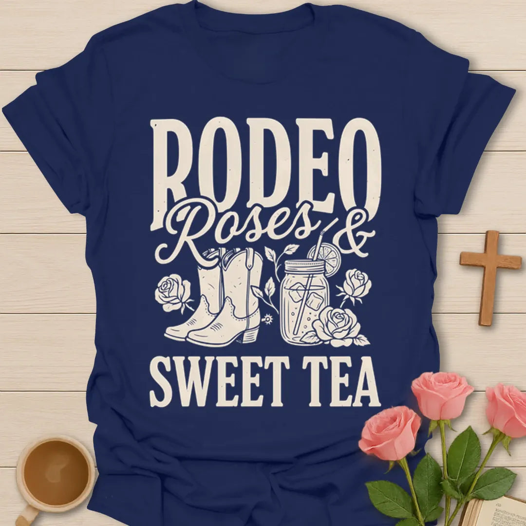 Western sweet tea shirt with Rodeo Roses and Sweet Tea phrase, cowgirl boots, mason jar tea, and roses - Navy