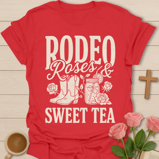 Western sweet tea shirt with Rodeo Roses and Sweet Tea phrase, cowgirl boots, mason jar tea, and roses - Red