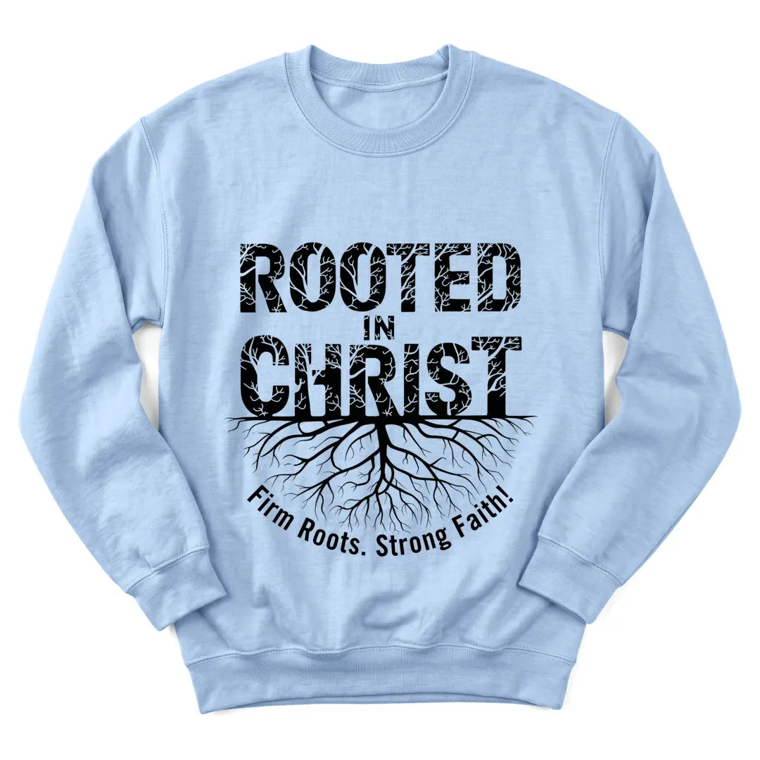 Rooted In Christ sweatshirt with roots, cross and Scripture lettering - Light Blue