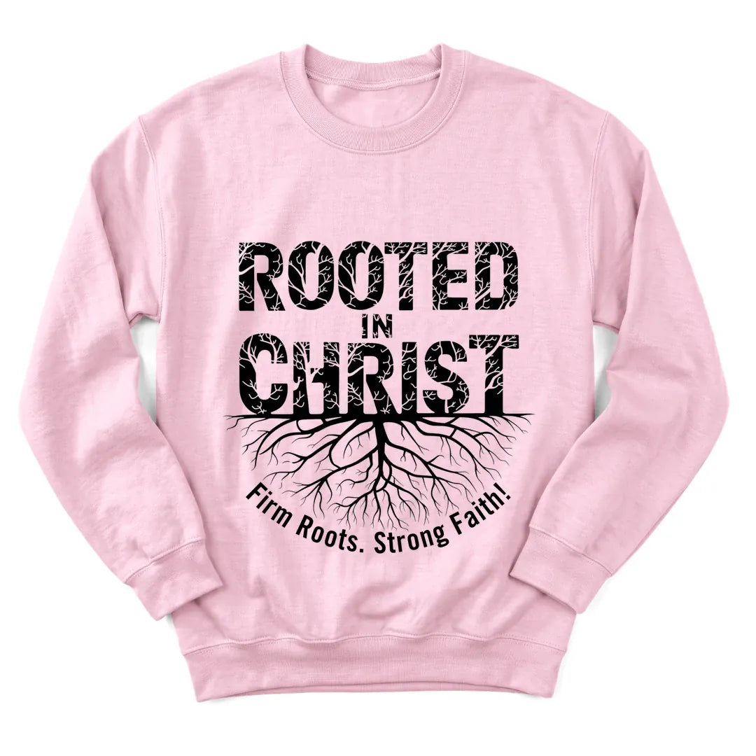 Rooted In Christ sweatshirt with roots, cross and Scripture lettering - Light Pink