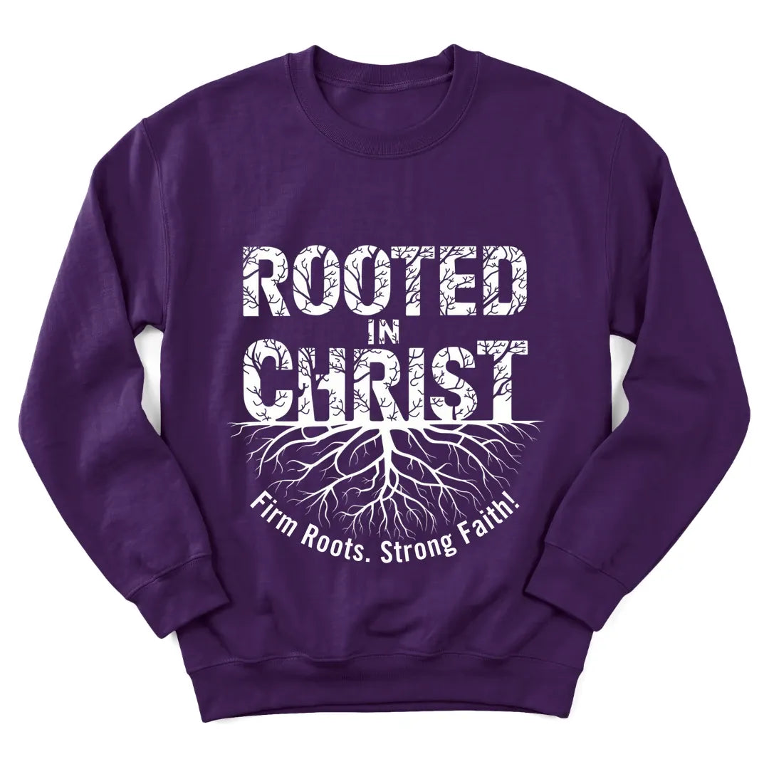 Rooted In Christ sweatshirt with roots, cross and Scripture lettering - Purple