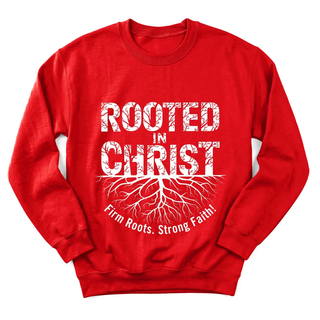 Rooted In Christ sweatshirt with roots, cross and Scripture lettering - Red
