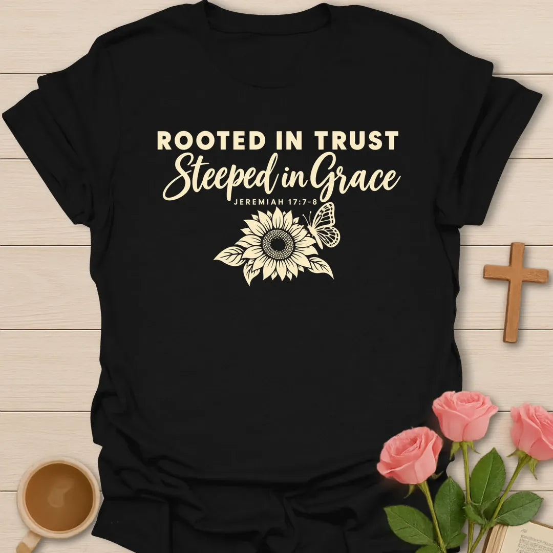 Rooted in Trust Steeped in Grace Christian t-shirt with a line-art sunflower, a butterfly and Jeremiah 17:7-8 - Black