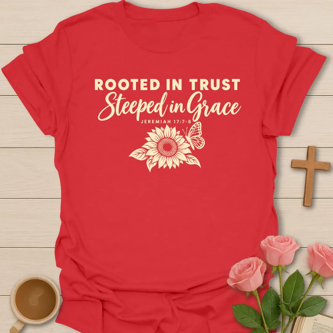 Rooted in Trust Steeped in Grace Christian t-shirt with a line-art sunflower, a butterfly and Jeremiah 17:7-8 - Red