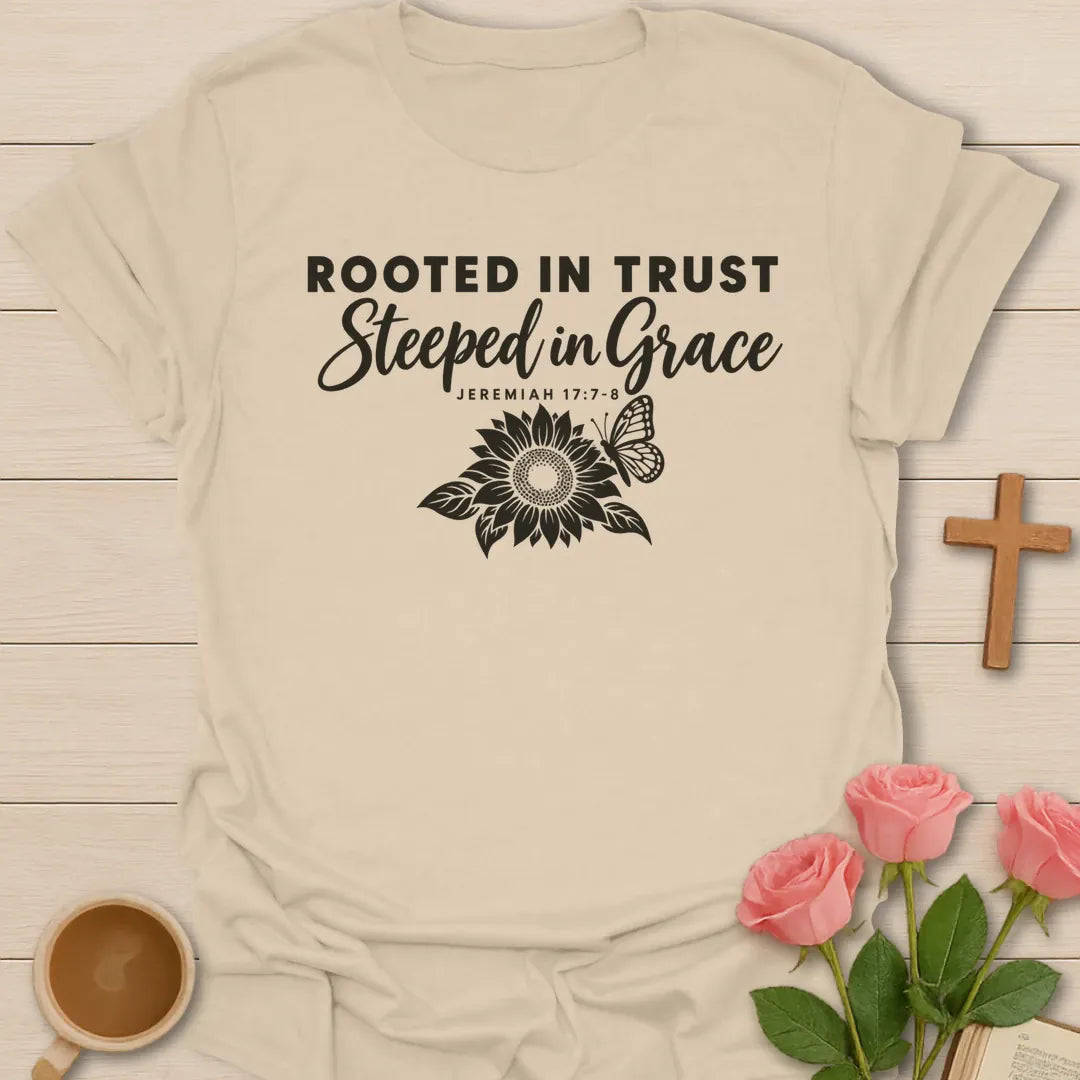 Rooted in Trust Steeped in Grace Christian t-shirt with a line-art sunflower, a butterfly and Jeremiah 17:7-8 - Sand