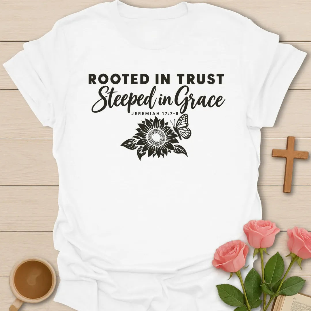 Rooted in Trust Steeped in Grace Christian t-shirt with a line-art sunflower, a butterfly and Jeremiah 17:7-8 - White