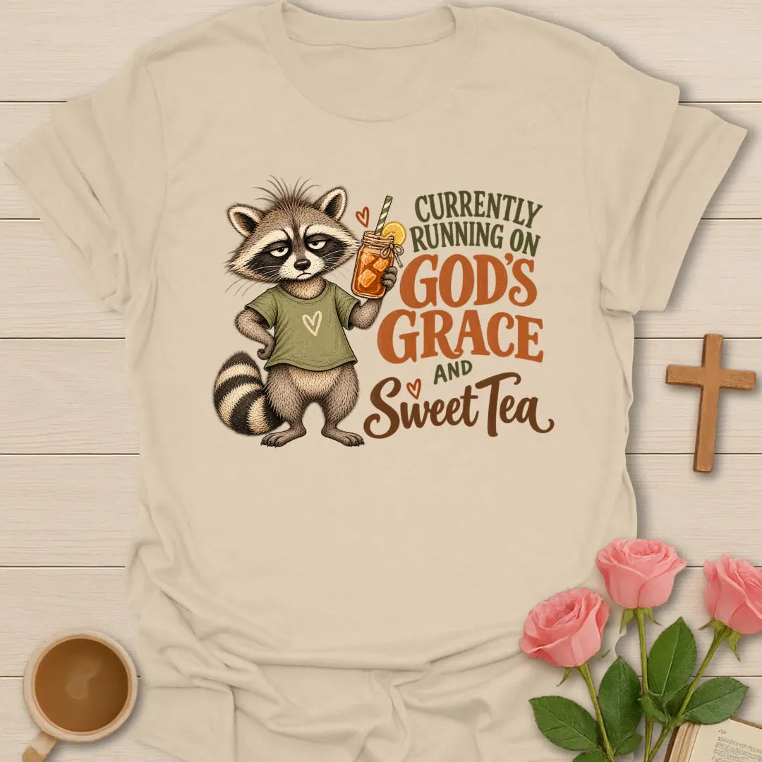Running On Christian t-shirt with faith-inspired tea lettering design - Sand