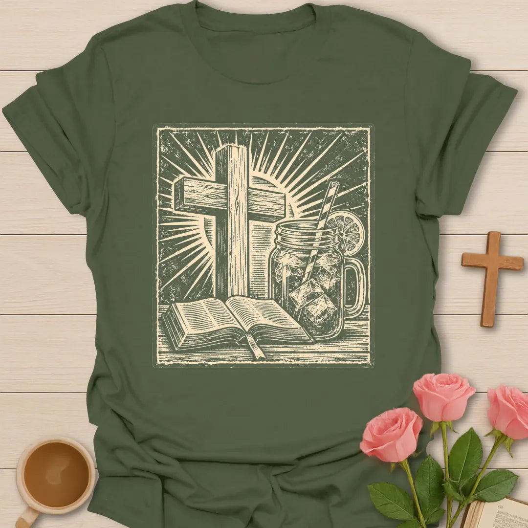 Rustic Cross Sweet Tea t-shirt with a woodcut-style wooden cross with light rays, an open Bible and a mason jar of iced tea in a square frame - Military Green