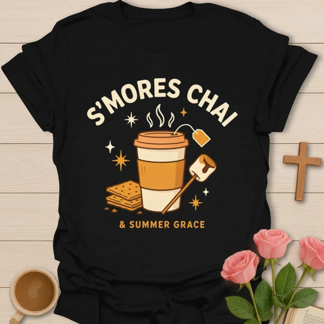 Christian s’mores chai shirt with chai cup, cross, graham crackers, flames, and Summer Grace phrase - Black