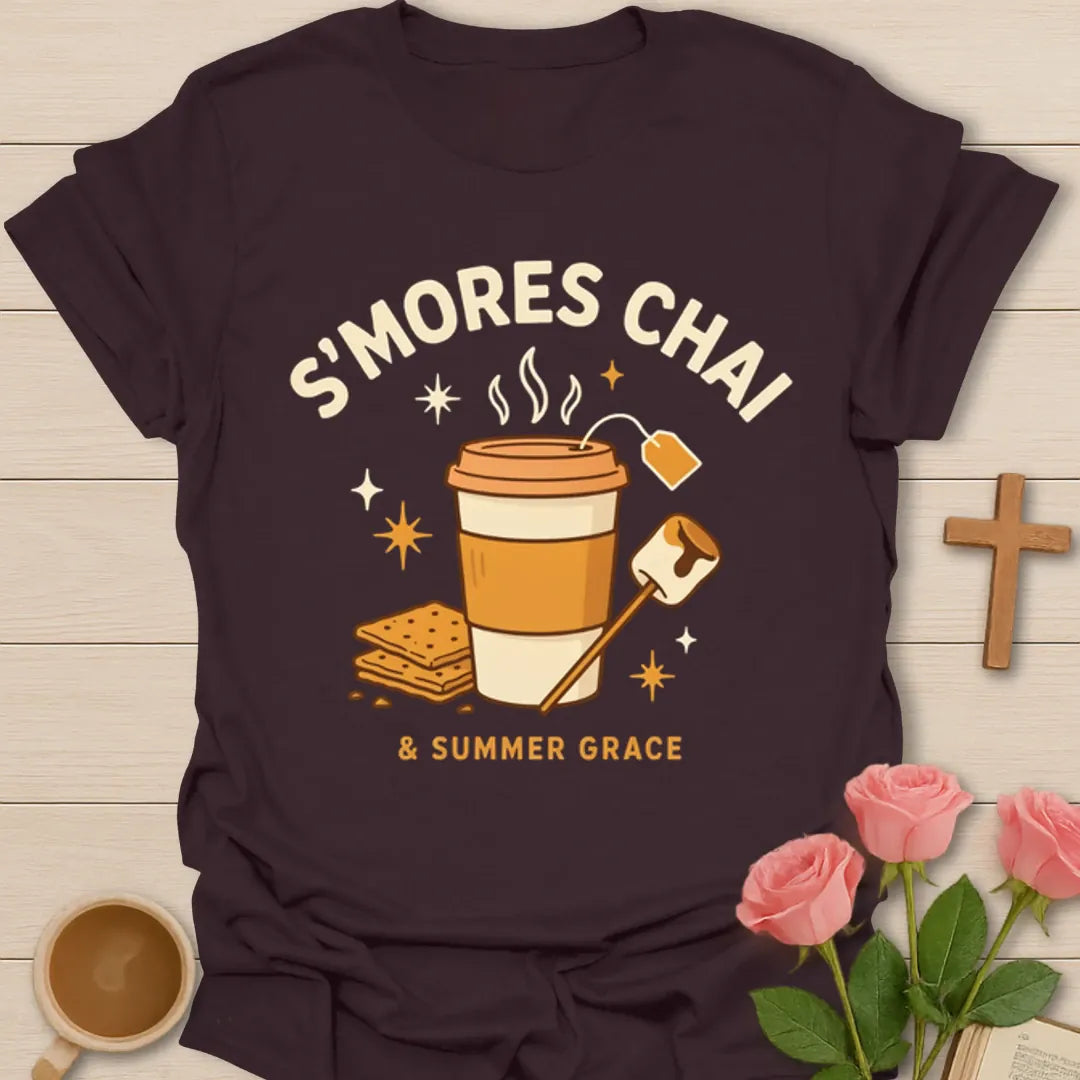 Christian s’mores chai shirt with chai cup, cross, graham crackers, flames, and Summer Grace phrase - Dark Chocolate