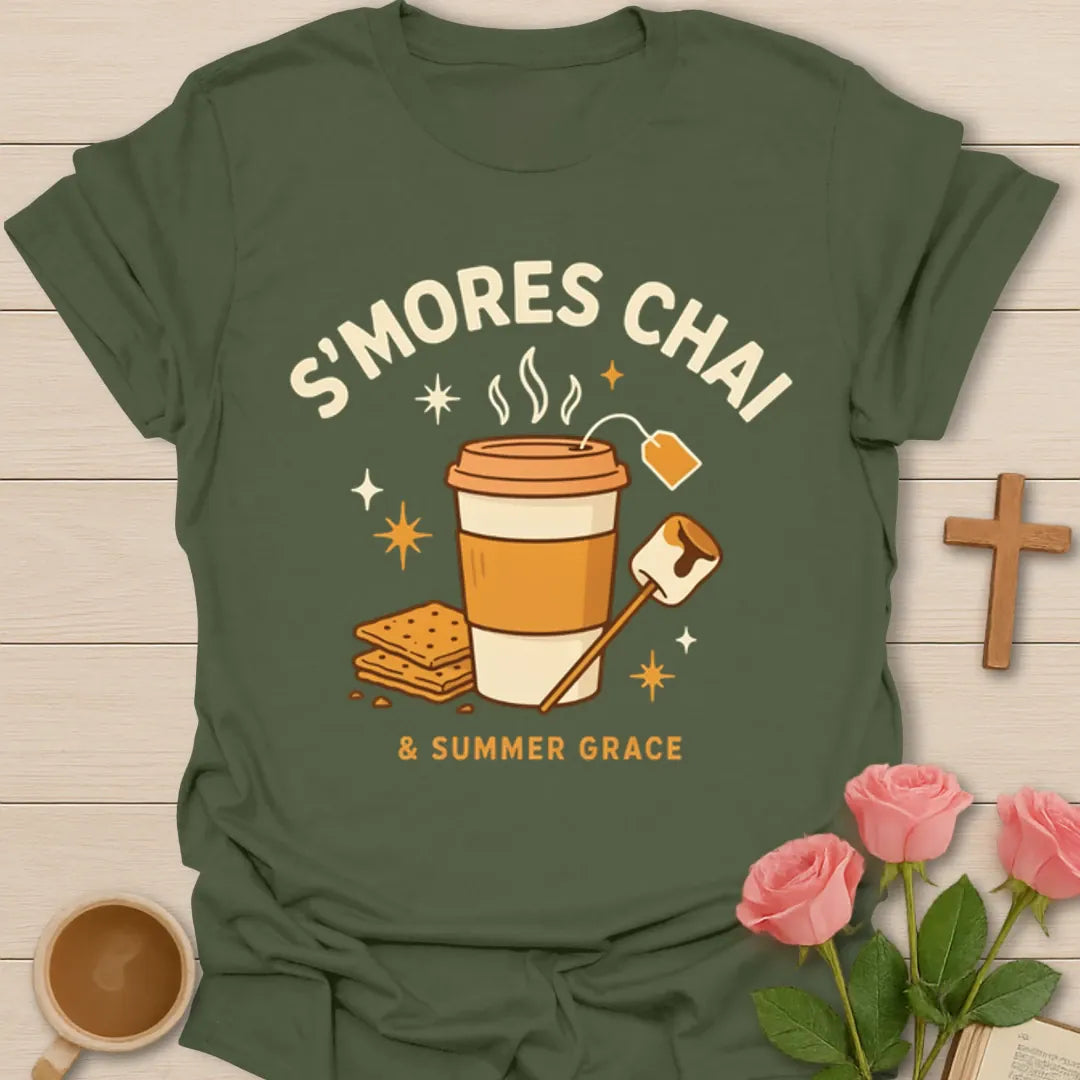 Christian s’mores chai shirt with chai cup, cross, graham crackers, flames, and Summer Grace phrase - Military Green