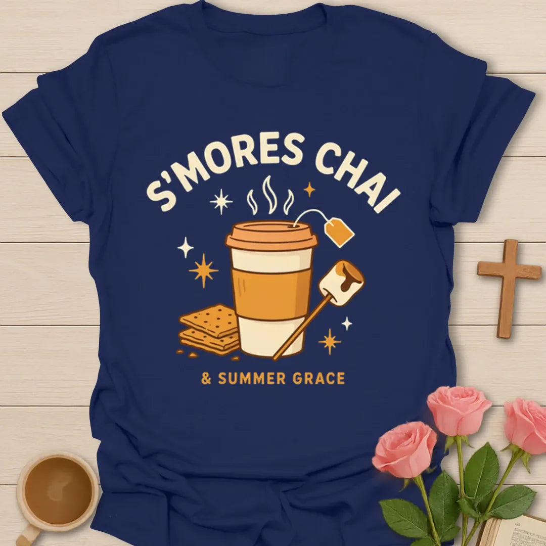 Christian s’mores chai shirt with chai cup, cross, graham crackers, flames, and Summer Grace phrase - Navy