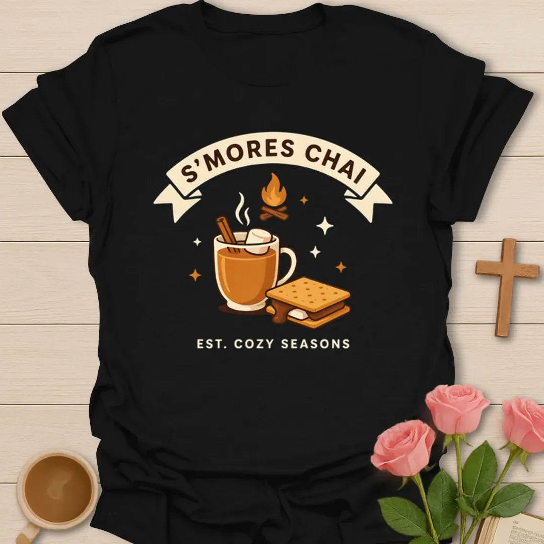S’mores Chai cozy season shirt with chai mug, marshmallows, campfire flame, graham cracker, and banner text - Black
