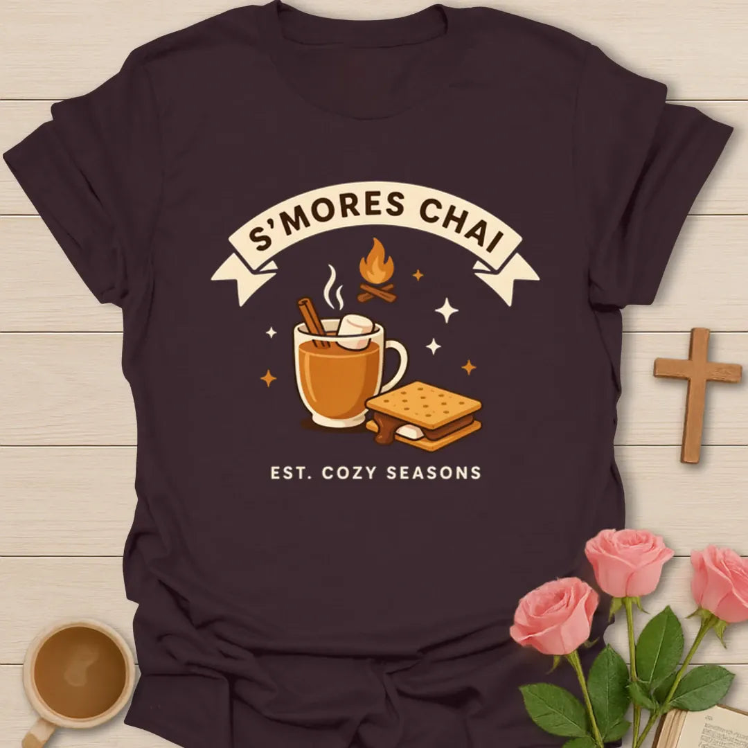 S’mores Chai cozy season shirt with chai mug, marshmallows, campfire flame, graham cracker, and banner text - Dark Chocolate