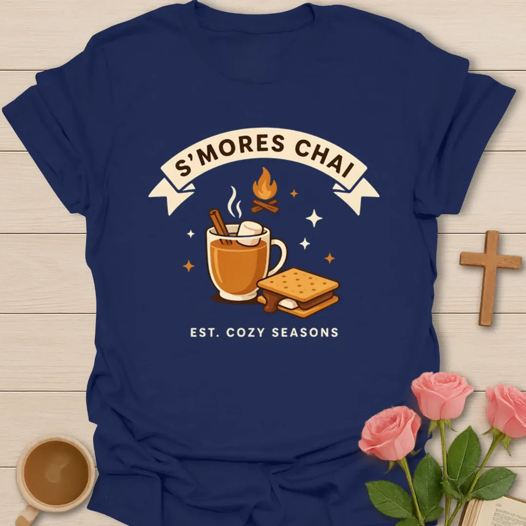 S’mores Chai cozy season shirt with chai mug, marshmallows, campfire flame, graham cracker, and banner text - Navy