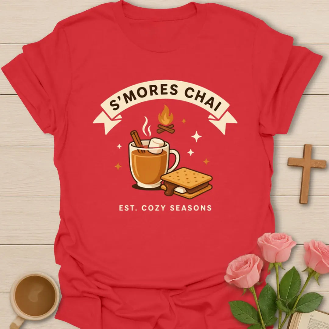 S’mores Chai cozy season shirt with chai mug, marshmallows, campfire flame, graham cracker, and banner text - Red