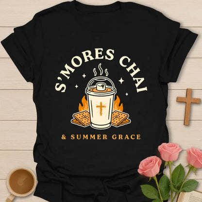 S’mores Chai shirt with iced chai cup, graham crackers, marshmallow, stars, and Summer Grace phrase - Black