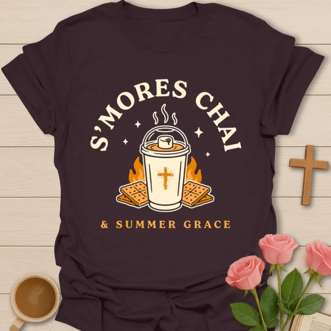 S’mores Chai shirt with iced chai cup, graham crackers, marshmallow, stars, and Summer Grace phrase - Dark Chocolate