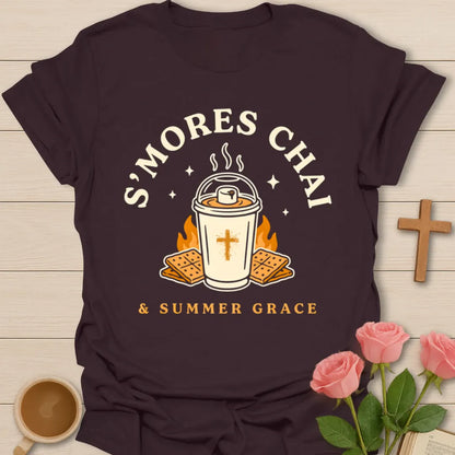 S’mores Chai shirt with iced chai cup, graham crackers, marshmallow, stars, and Summer Grace phrase - Dark Chocolate