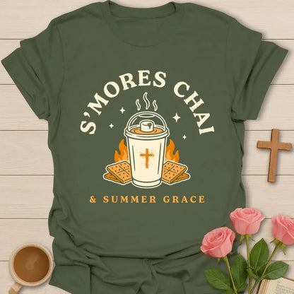 S’mores Chai shirt with iced chai cup, graham crackers, marshmallow, stars, and Summer Grace phrase - Military Green