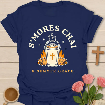 S’mores Chai shirt with iced chai cup, graham crackers, marshmallow, stars, and Summer Grace phrase - Navy