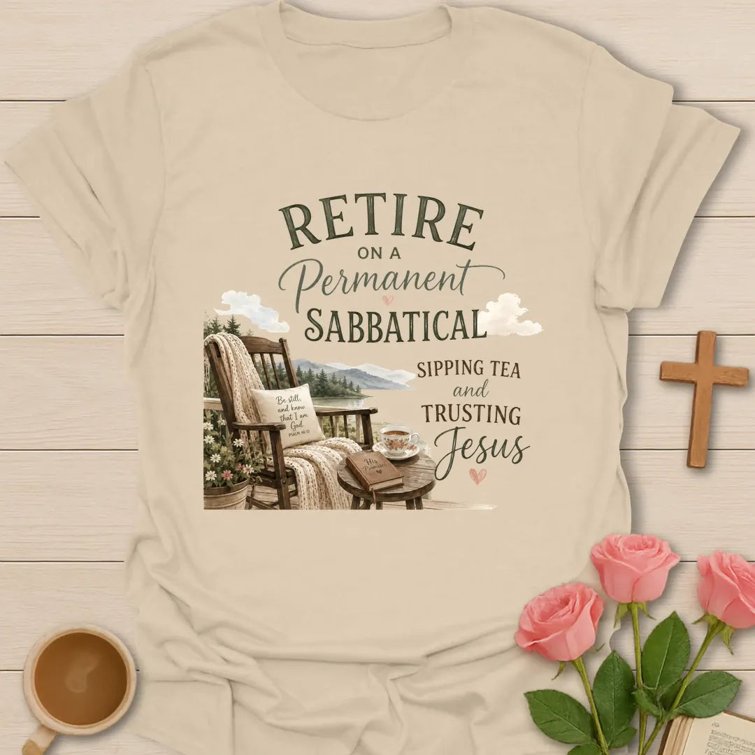 Sabbatical Trusting shirt with restful lettering and faith-inspired design. - Sand