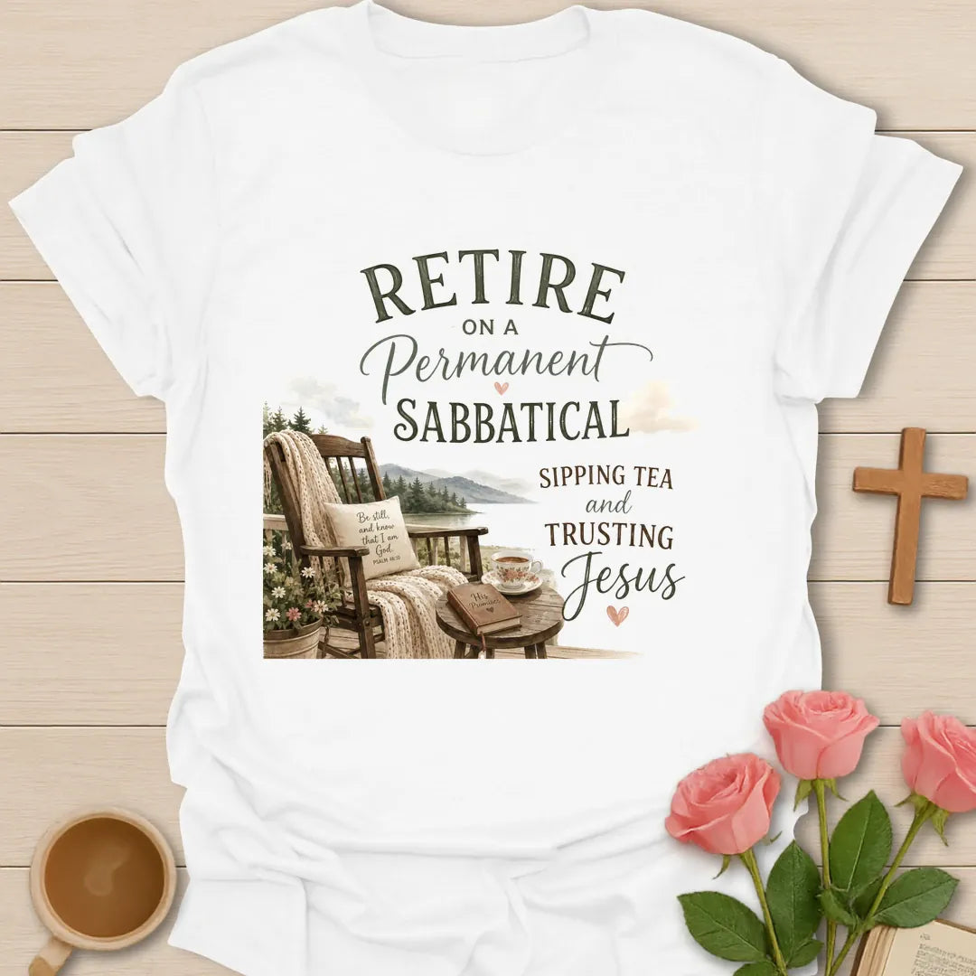 Sabbatical Trusting shirt with restful lettering and faith-inspired design. - White